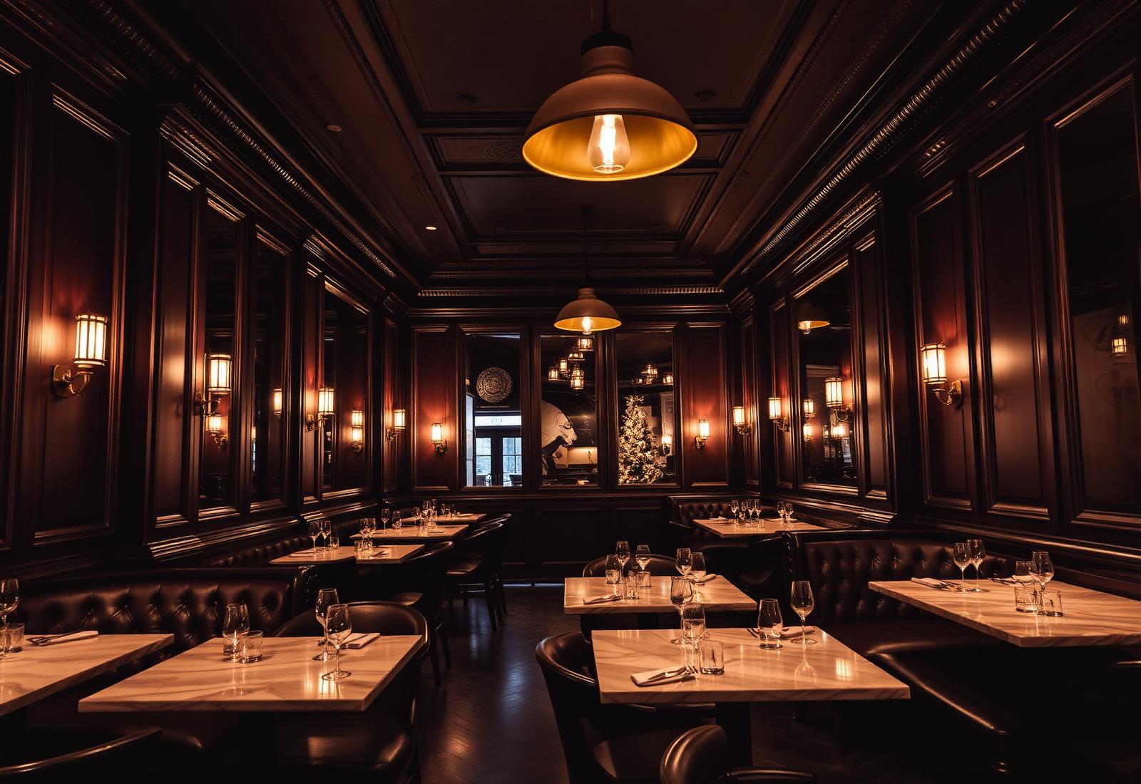 Warm dark wood and brass interior at London Café Restaurant