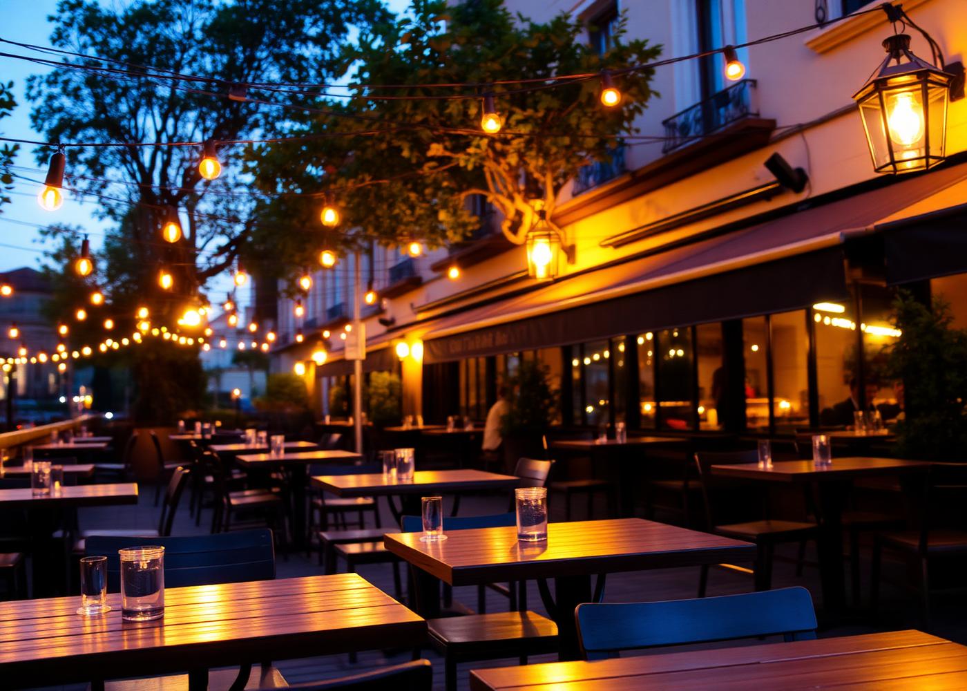 Outdoor terrace with string lights at dusk